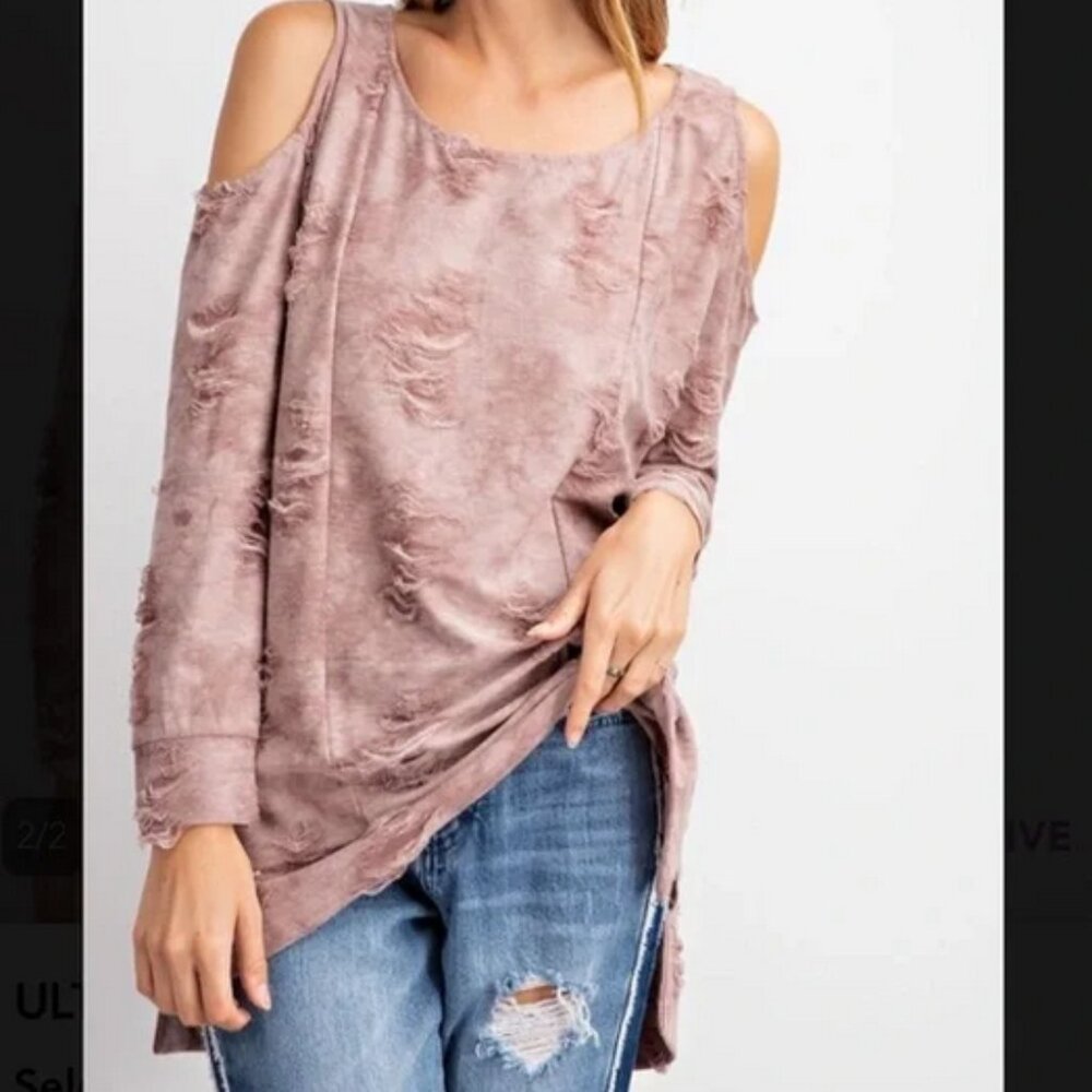 Easel Tan Distressed Cold Shoulder Top S